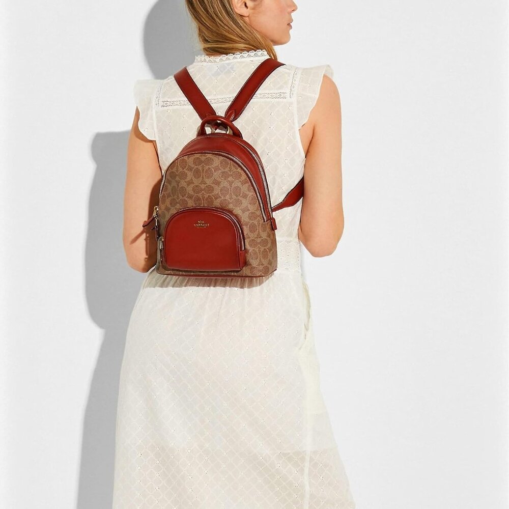 Coach Womens Carrie Signature Canvas Backpack Bag Handbag Zip Beige Red 23 NEW
